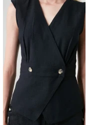  Collection بلوزة منسوجة مزدوجة الصدر بأزرار على شكل عظمة سوداء TWOSS20BZ0707