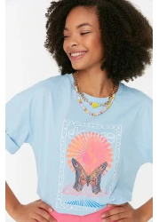  Collection Light Blue 100% Cotton Printed Relaxed/Wide Relaxed Cut Crew Neck Knitted T-Shirt TWOSS22TS1145