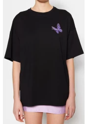  Collection Black 100% Cotton Front and Back Butterfly Printed Oversize/Wide Pattern Knitted T-Shirt TWOSS23TS00188