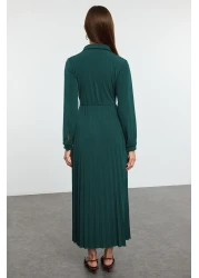  Modest Emerald Green Double Breasted Neckline Pleated Accessory Detail Knitted Dress Tctaw25Eb00138