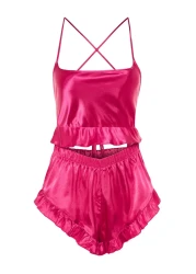  Collection Fuchsia Ruffled and Back Rope Strap Satin Woven Pajamas Set Thmss23Pt00048