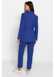  Modest Blue Lacing Detailed Lined Crepe Jacket-Pants Woven Bottom-Top Suit TCTSS23US00044