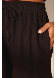  Collection Brown 100% Linen Elastic Waist High Waist Extra Pants Twoss24Je00251