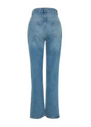  Collection Blue Ripped High Waist Long Straight Jeans TWOAW24JE00033