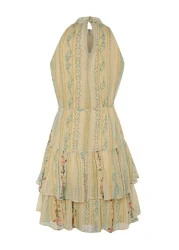  Collection Yellow Floral Print A-Line Layered Lined Chiffon Flight Flight Woven Mini Dress Twoss23El02056