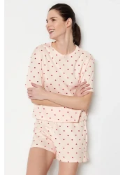  Collection Light Pink 100% Cotton Polka Dot and Heart Shorts Knitted Pajamas Set Thmss21Pt1485