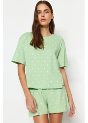  Collection Mint 100% Cotton Polka Dot and Heart Shorts Knitted Pajamas Set Thmss21Pt1485