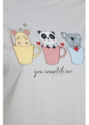  Collection Light Gray Printed T-Shirt and Trousers Knitted Pajamas Set 100% Cotton - Thmss23Pt00134