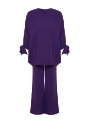  Modest Purple Bat Sleeve Woven Aerobin Tunic-Pants Set TCTSS23US00043