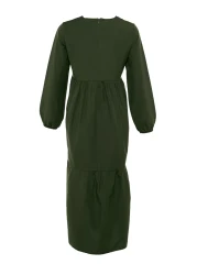  Modest فستان منسوج من القطن ذو قصة واسعة ومفصل باللون الكاكي TCTSS21EL3406