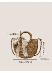 1 Pc Fashionable Bohemian Vacation Style Solid Color Woven Grass With Ribbon Decoration Circular Handle Women s Hand Held Beach Bag Suitable For Leisure Travel Vacation Simple Clothing Matching And Ou