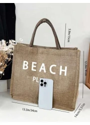 Beach Letter Theme Yellow Flax Brown Handbag Plus A Small Bag With A Hand Rope And A Bow Hat Bridesmaid Personalized Wedding Gift Bag Travel Storage Bag Cosmetic Storage Bag Coin Purse Direct Storage