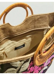 SHEIN VCAY Leaf Flower Pattern Top Handle Bag Sequin Embroidery Detail Woven Bag Perfect For Summer Beach Travel Vacation For Outdoor Holiday Picnic Summer Essentials Perfect For Vacation Holiday Exqu