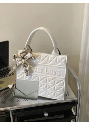 1pc 2pcs Set Fashionable Quilted Square Tote Bag With Letter Pattern And Skinny Scarf Decor Large Capacity PU Shoulder Bag Purse Set Professional Business Briefcase For Work Commute Casual Handbag Off