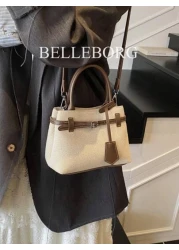 High Quality Casual Color Block Retro Canvas Leather Buckle Tote Handbag Versatile For Commuting Women