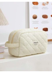 1Pc Set Beige Quilting Makeup Bag With Soft Texture Vintage Large Capacity Cosmetic Bag Travel Organizer Handheld Minimalism Cozy Foam Toiletry Big Set Lightweight Fluffy Makeup Pouch Home Decor Delic