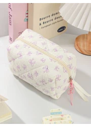 1Piece Quilted Handle Makeup Bag Small Quilted Cosmetic Bag Cute Bow Design Makeup Pouch Makeup Bag Aesthetic Travel Toiletry Bag Organizer Makeup Brushes Storage Bag For Women Bow Pencil Case For Mak