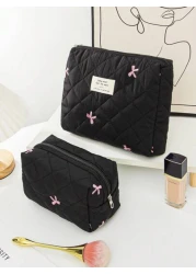 1 Piece Women s Bow Embroidered And Quilted Makeup Bag Sets Travel Cosmetic Bag With Handle Tampon Storage Bag Sanitary Pad Pouch Large Capacity Cosmetic Bag Lightweight Fluffy Filling Toiletries Bag
