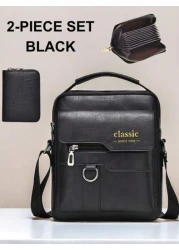 2pcs Set Retro Messenger Bag PU Leather Shoulder Bag With Wallet Large Capacity Headphone Hole Casual Minimalist Style For Commuting Business Travel Gifts For Friends Family Summer Summer Bag Spring B