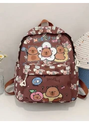 1pc Cute Capybara Backpack Cartoon Animal Print Casual Style Back To School Backpack With Zipper Closure And Adjustable Shoulder Straps Suitable For Campus And Travel