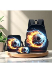 3 قطع / مجموعة حقيبة ظهر مطبوعة بنمط كرة القدم ثلاثي الأبعاد، حقيبة عبر الجسم، حافظة أقلام، حقيبة مدرسية 16 بوصة