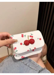 Fresh Cherry Print Mini Small Bag Foreign New Summer Cute Sweet Mini Lipstick Bag Chain Crossbody Headphone Bag Shoulder Bag Korean Fashion Crossbody Bag