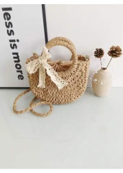 حقيبة كتف واحد رسمية عصرية قابلة للسحب من أعلى، قطعة واحدة، زخرفة فراشة مضفورة، حقيبة قش للفتاة بطراز شاطئي