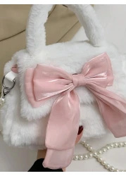 1 Pc Cute Mini Kids Pink Big Bow Soft Plush Handbag Fall Winter Pearl Shoulder Strap Crossbody Bag Lightweight Square Bags For Girls Students For Festivals Vacation Holiday Fashion Accessory