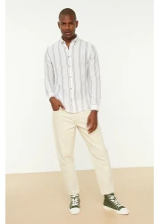  Collection Beige Slim Fit Buttoned Collar Thin Striped Shirt