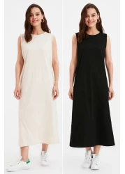  Modest فستان محبوك من القطن 100% باللونين الأسود والبيج الفاتح حزمة من قطعتين - TCTAW22UK0110