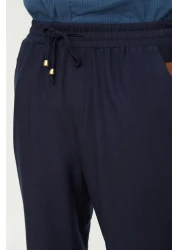  Collection Navy Blue Linen Look Elastic Waist Tied Trousers - Tmnss20Pl0547