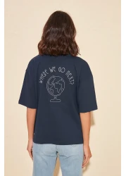  Collection Navy Blue 100% Cotton Back Embroidered Relaxed/Wide Relaxed Cut Crew Neck Knitted T-Shirt TWOSS20TS0121