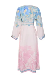  Modest Powder Linen Look Spanish Sleeves Belted Print Woven Dress Tctss25Eb00033