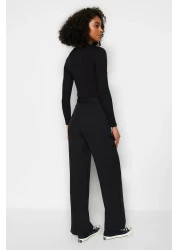  Collection بنطال أسود عالي الخصر بأرجل واسعة/أرجل واسعة من القماش المنسوج بطيات TWOAW21PL0076