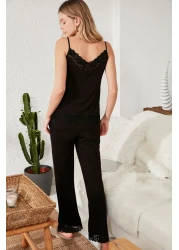  Collection Viscose Knitted Black Lace Pajamas Set - Rope Strap, Ribbon/Bow Detail Thmss20Pt0134