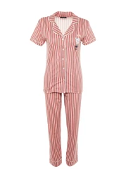  Collection Animal Print Pink Striped Knitted Pajamas Set - Shirt and Pants THMSS21PT0878