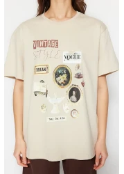  Collection تي شيرت محبوك من Premium Stone 100% قطن مطبوع كبير الحجم/قصة واسعة ورقبة دائرية TWOSS23TS00282