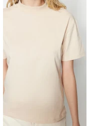  Collection تي شيرت منسوج بياقة واقفة أساسي من القطن بنسبة 100% مكون من قطعتين باللون البني والبيج TWOSS20TS1500