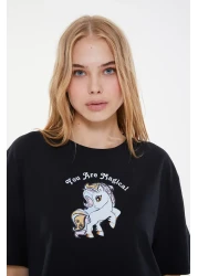  Collection طقم بيجامة محبوكة من القطن الأسود مع تفاصيل الأنابيب المطبوعة الترفيهية THMSS21PT0953