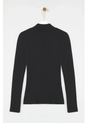  Collection Black Fitted High Collar Long Sleeve Ribbed Stretchy Knitted Blouse TWOAW21BZ0423