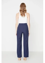  Collection Navy Blue Straight Cut High Waist Ribbed Stitched Woven Trousers TWOSS21PL0093