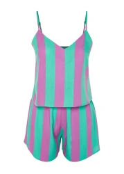  Collection Multicolor Striped Rope Strap Woven Pajama Set with Viscose Shorts Thmss23Pt00225