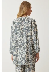 Happiness İstanbul بدلة بنطلون كيمونو بالازو بنمط رمادي على شكل عظمة للنساء EN00614