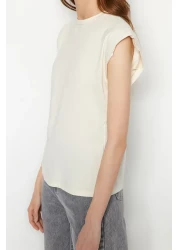  Collection Beige 100% Cotton Wadding Look Basic Crew Neck Knitted T-Shirt TWOSS20TS0021