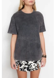  Collection Anthracite 100% Cotton Faded Effect Back Printed Boyfriend Crew Neck Knitted T-Shirt TWOSS23TS00109