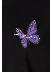  Collection Black 100% Cotton Front and Back Butterfly Printed Oversize/Wide Pattern Knitted T-Shirt TWOSS23TS00188