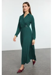  Modest Emerald Green Double Breasted Neckline Pleated Accessory Detail Knitted Dress Tctaw25Eb00138