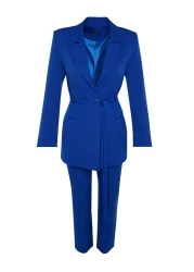  Modest Blue Lacing Detailed Lined Crepe Jacket-Pants Woven Bottom-Top Suit TCTSS23US00044