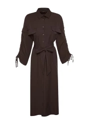  Modest Brown Belted Sleeves Adjustable Detail Button Cotton Woven Shirt Dress Tctss23Eb00365