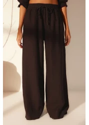  Collection Brown 100% Linen Elastic Waist High Waist Extra Pants Twoss24Je00251